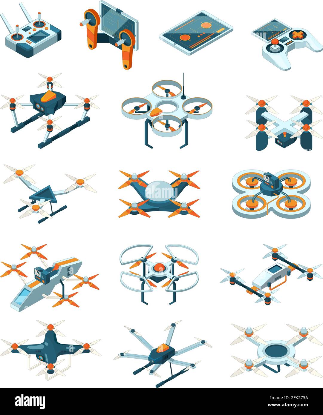 Drohnen isometrisch. Flugzeuge Zukunft Moderne Technologien Transport unbemannte Luftfahrt Vektor-Set Stock Vektor