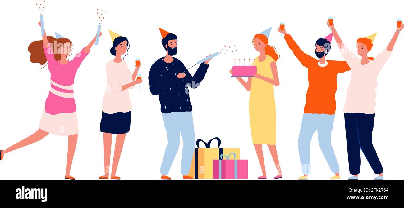 Menschen mit Geschenken. Happy Characters Group gratuliert seinem Freund mit Geschenken und Kuchen Geburtstagsfeier Vektor-Konzept Stock Vektor