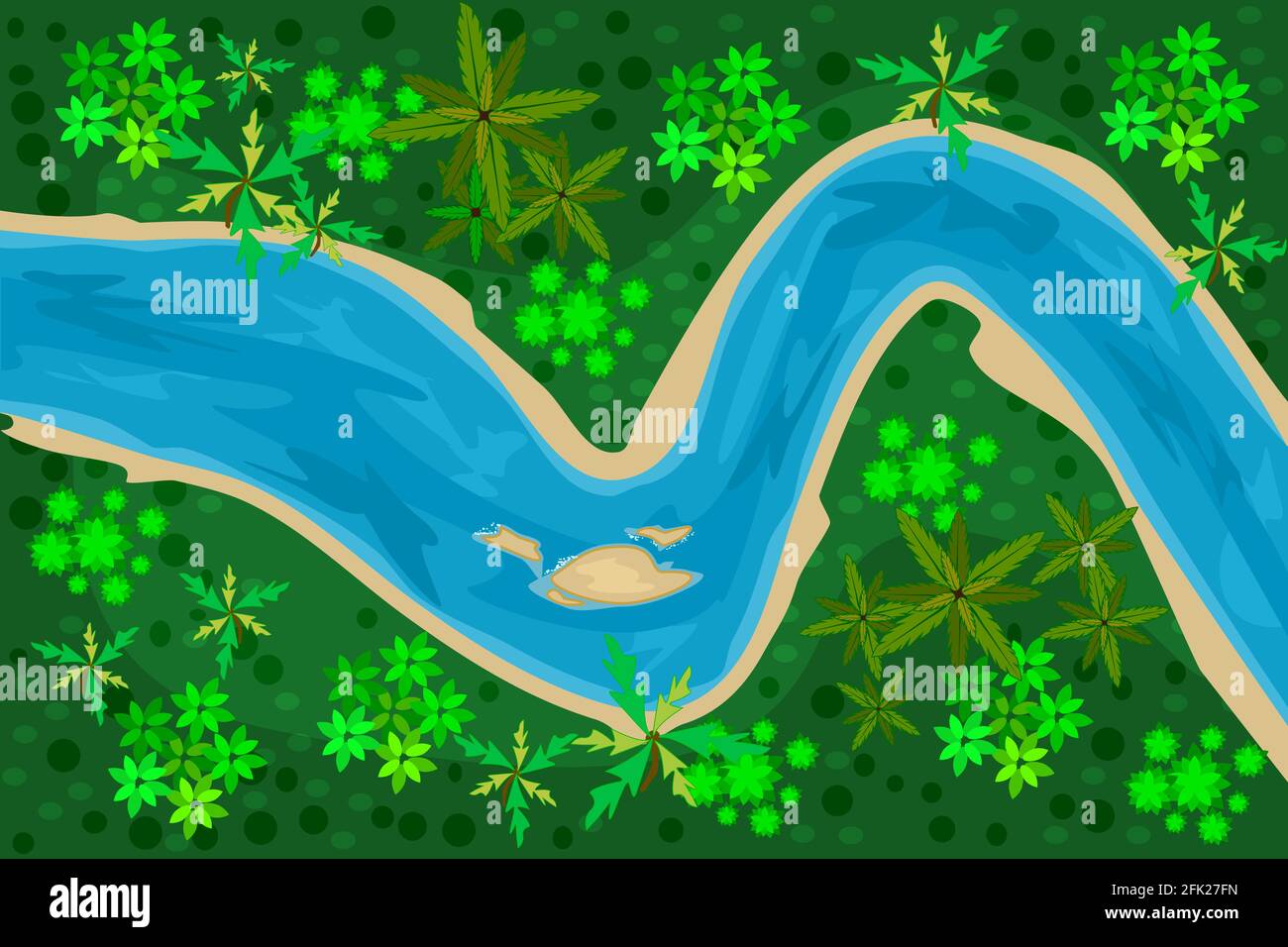 Blick von oben auf den Fluss im Waldhintergrund. Flussbett mit blauem Wasser, Küste und Bäumen. Sommerliche Naturlandschaft. Landschaft mit gewundener Fluss. Wilde Szene wi Stock Vektor