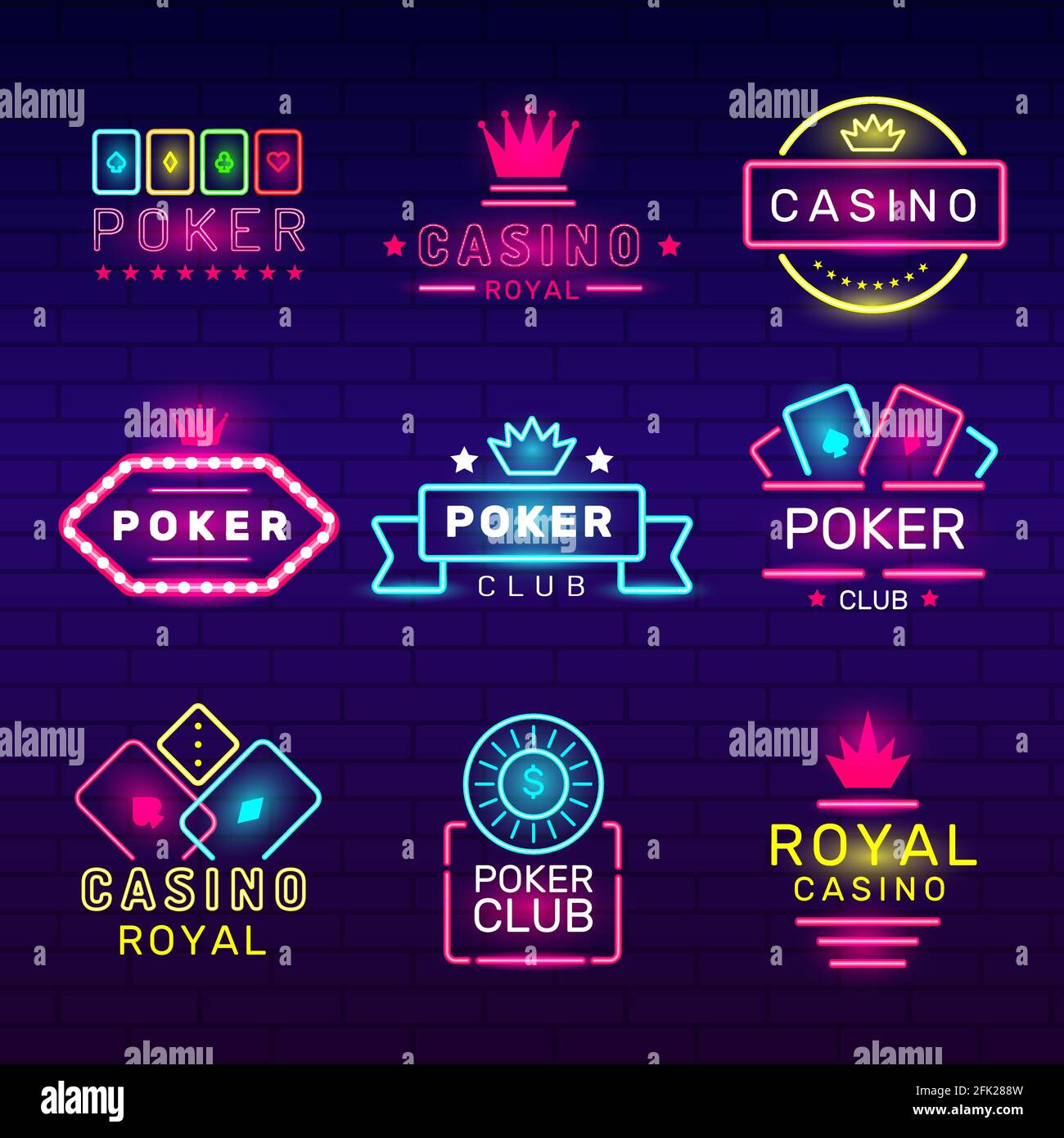 Neon-Abzeichen des Pokerclubs. Casino Spiel Briefmarken Licht Logos Nachtclub Vektor Sammlung Stock Vektor