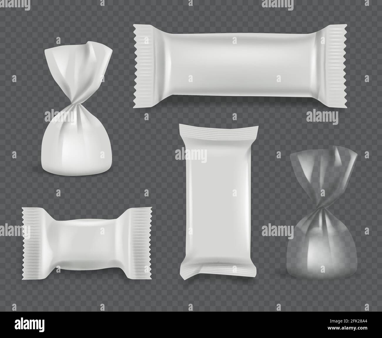 Süßigkeitenpaket. Realistische Papierumwickler Hochglanzverpackung für Schokoladenbonbons Vektor-Mockup-Set Stock Vektor