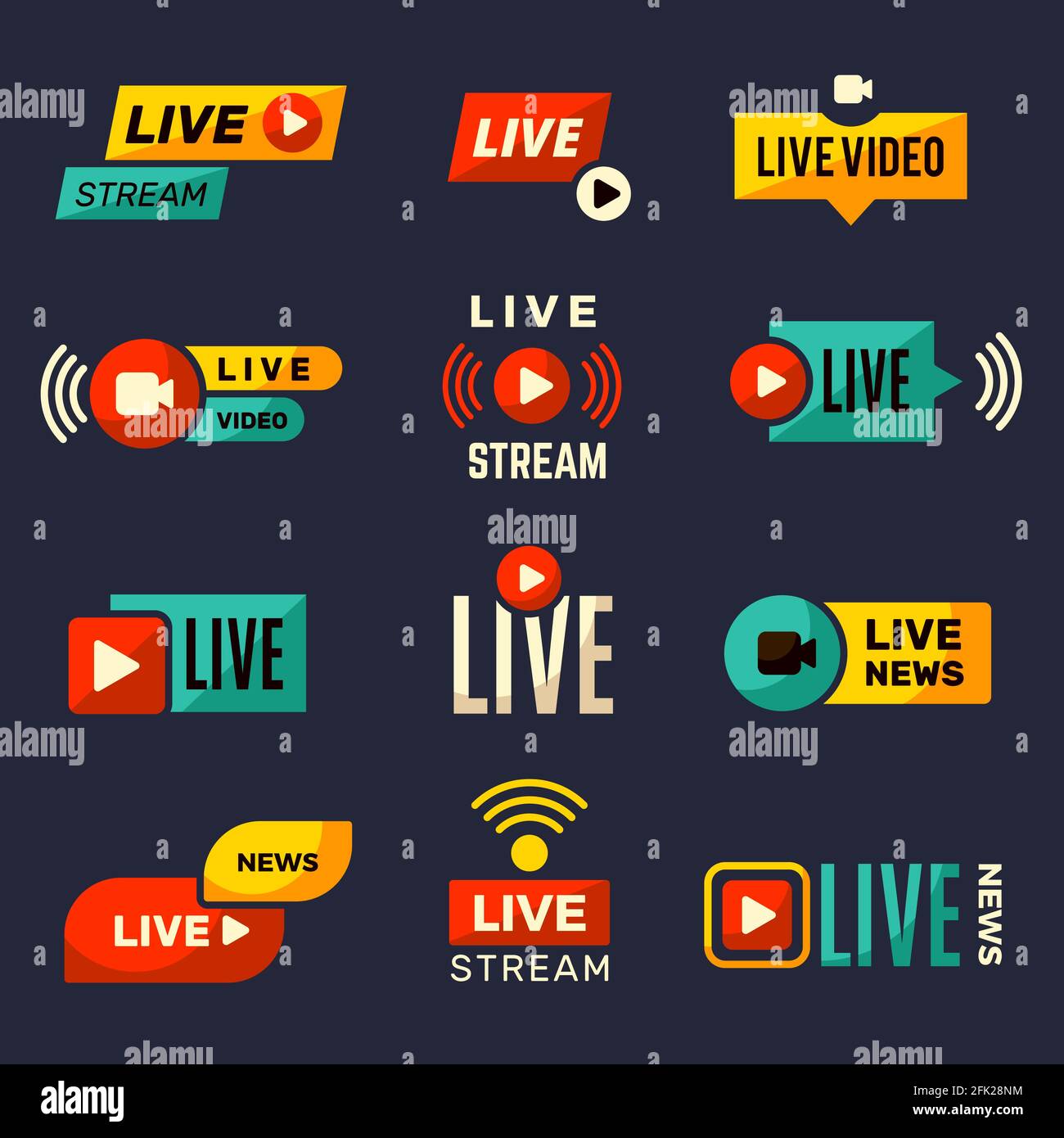 Livestream-Symbol. Nachrichten- oder Filmübertragungen spielen tv-Abzeichen Sammlung Vektor-Set Stock Vektor