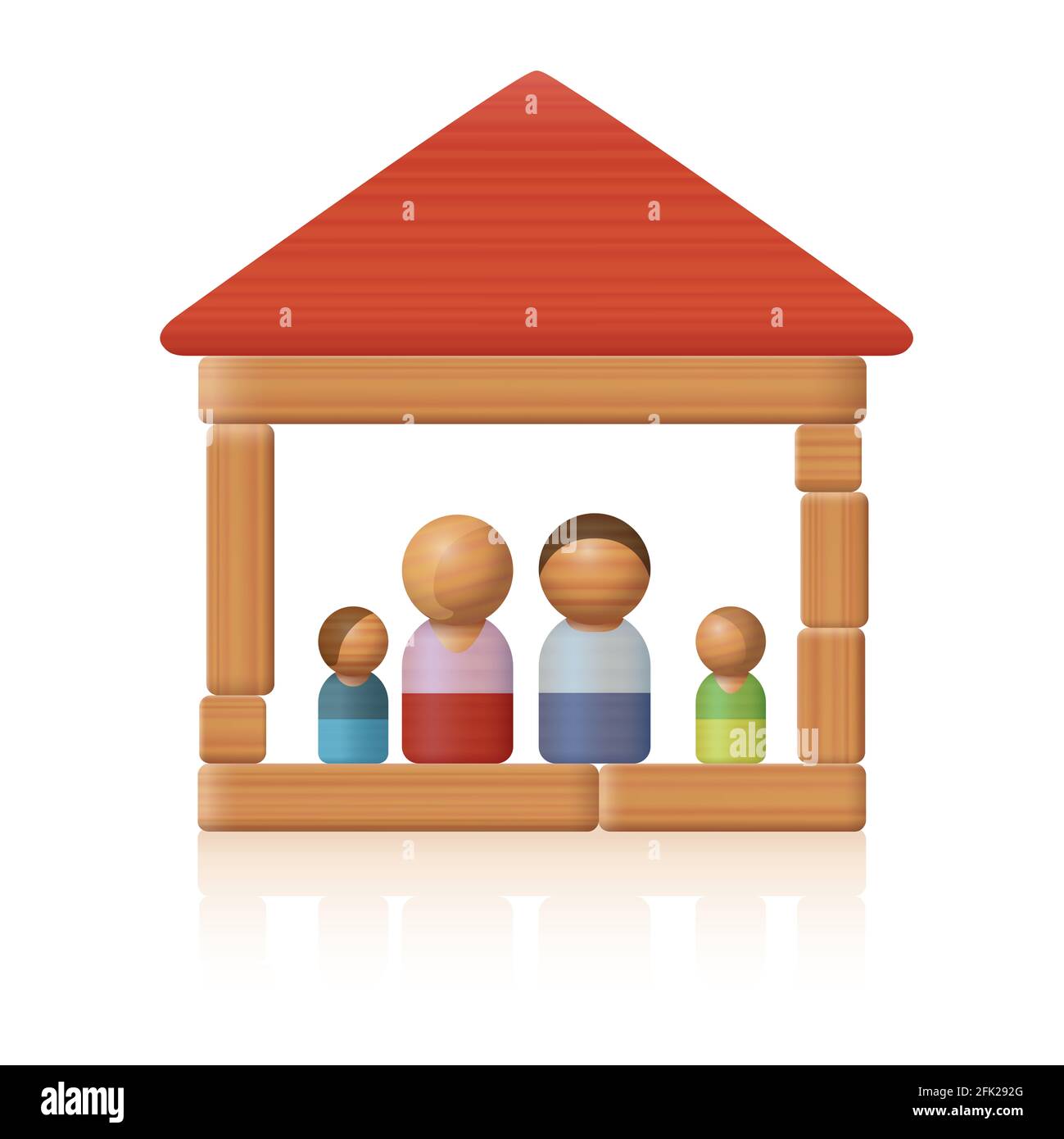 Typische Spielzeugfamilie in ihrem einfachen Holzspielzeugblockhaus - Symbol für Einfachheit in Bezug auf einfaches Wohnen oder bezahlbares Wohnen. Stockfoto