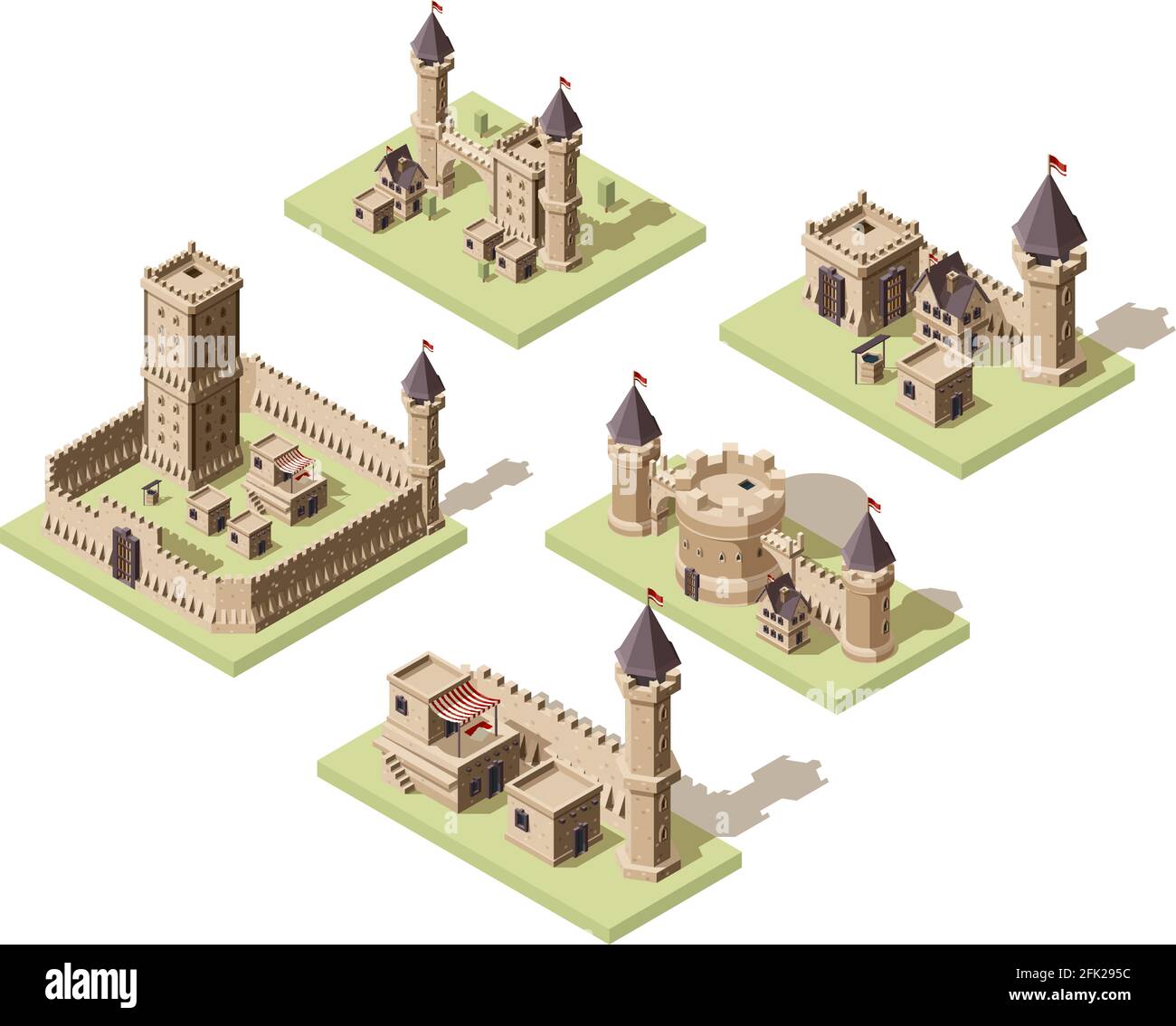 Burgen Low Poly. Videospiel isometrische Vermögenswerte mittelalterliche Gebäude aus alten Felsen und Ziegel 3d Häuser Vektor alte Festung Stock Vektor