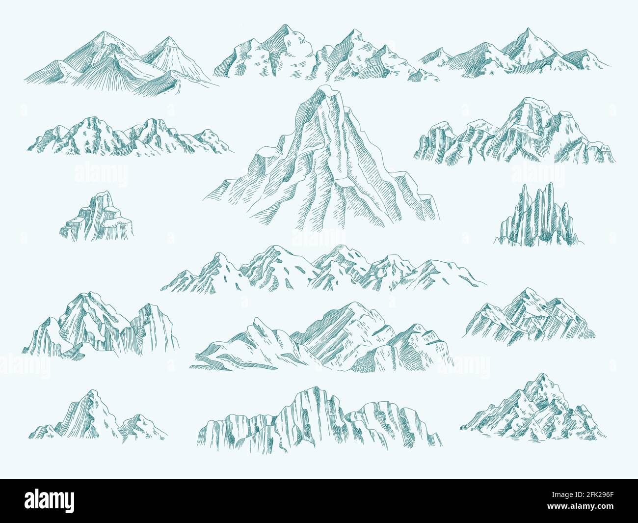 Wilde Berge. Freedom Konzept Sammlung Klettern set Felsen Vektor handgezeichnete Bilder Stock Vektor