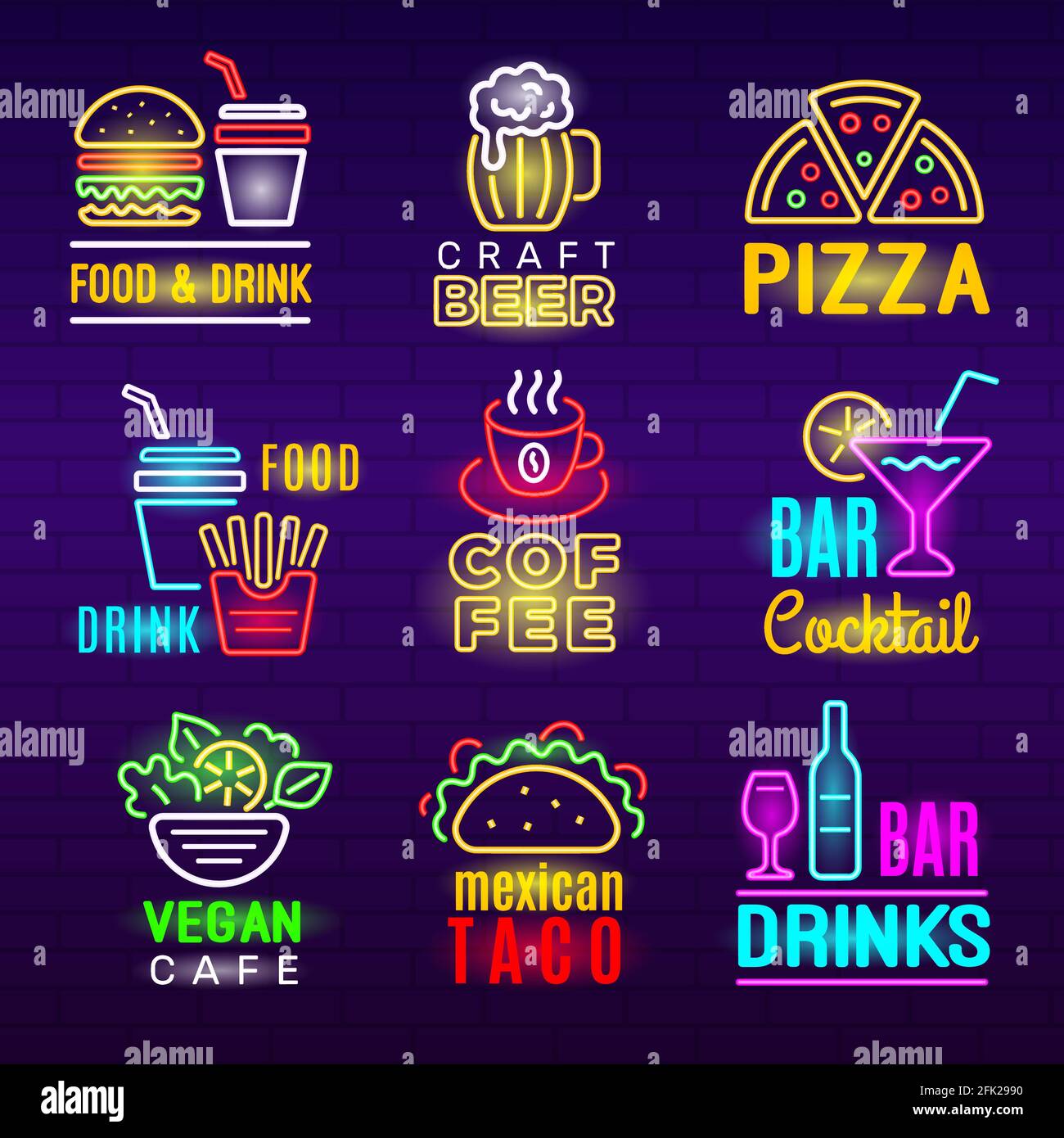 Neon-Symbol für das Essen. Bier Getränke Licht Werbung Emblem Pizza Handwerk Produkte Vektor-Set Stock Vektor