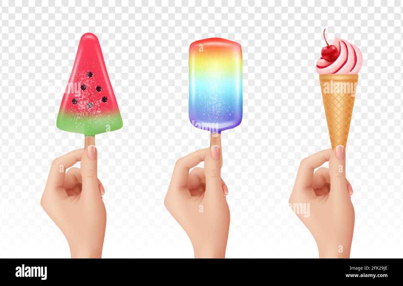 Realistische Hände mit Eis. Kalte Süßigkeiten, 3d-Creme und Eissaft. Vektorelemente für Sommerfutter Stock Vektor