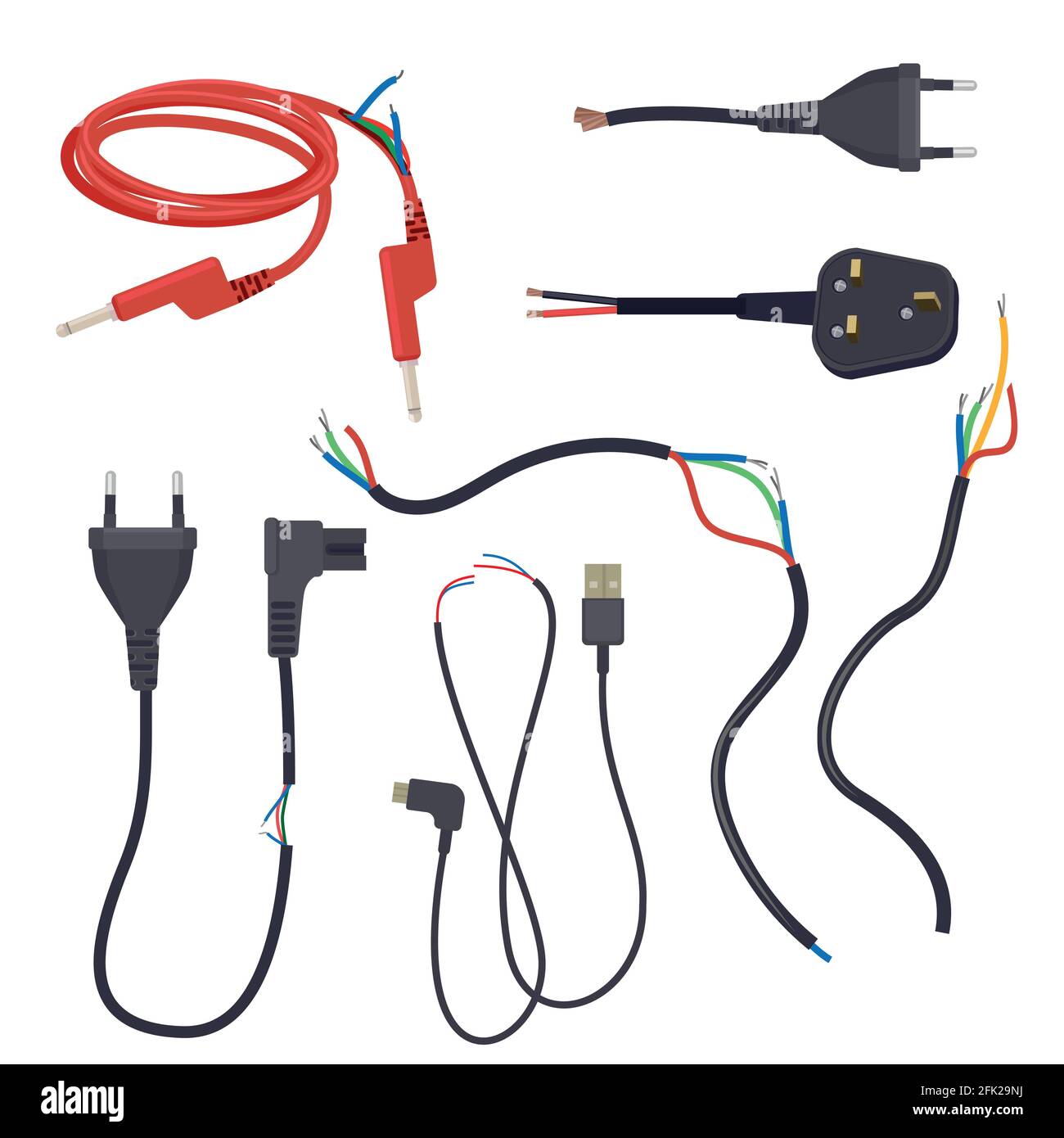 Beschädigtes Kabel. Elektrische Kabel schneiden verlieren Signal brechen Stecker Vektor Cartoon-Set Stock Vektor
