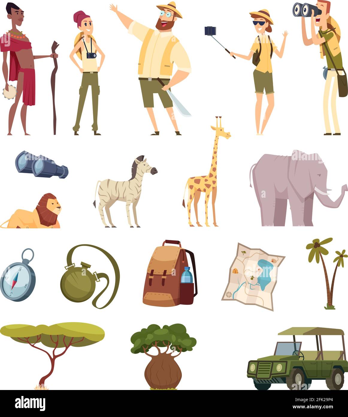 Reisesafari. Afrikanische Tierwelt Abenteuer Elemente Dschungel Tiere Autos Kompass Tasche Pack Stock Vektor