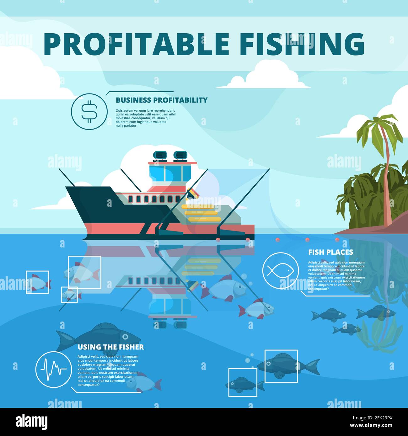 Fischerboote Hintergrund. Meereswasser Fischer Schiff Vektor Infografik Bild Stock Vektor