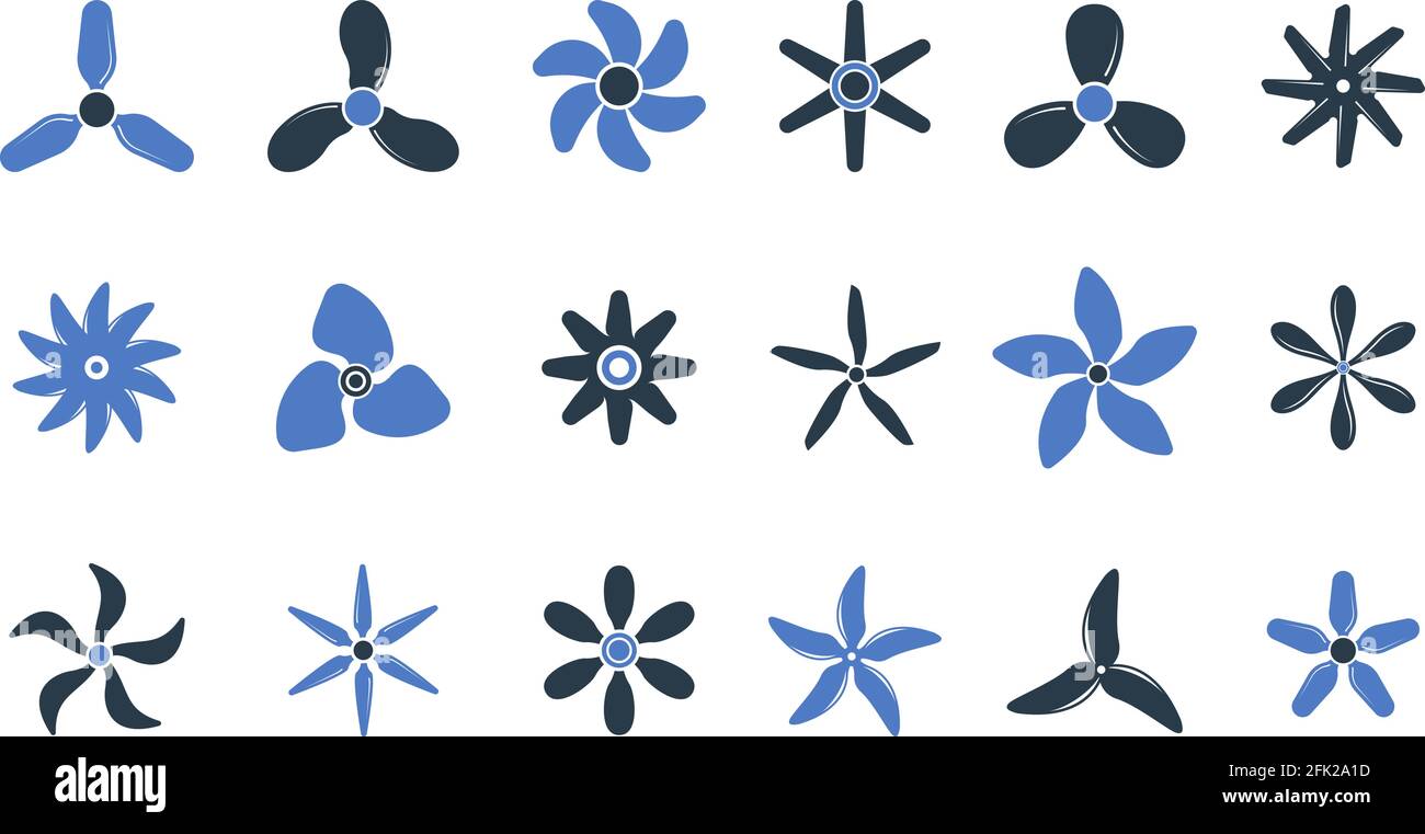 Motorpropeller. Schraube Energie Industrie Bewegung Luftfahrt Motoren Symbole Kreis Formen Vektor Propeller gesetzt Stock Vektor