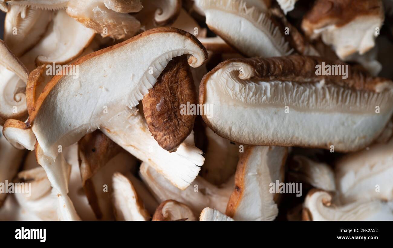 Draufsicht auf in Scheiben geschnittene Shitake-Pilze Stockfoto