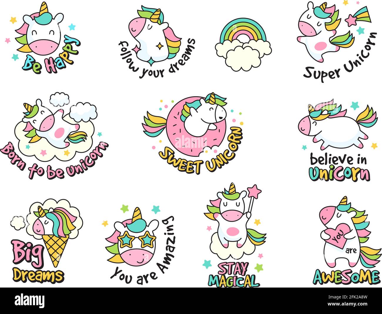 Unicorn Labels Kollektion. Retro-modische Aufkleber und Abzeichen mit Fantasy lustige Charaktere Vektor-Set Stock Vektor