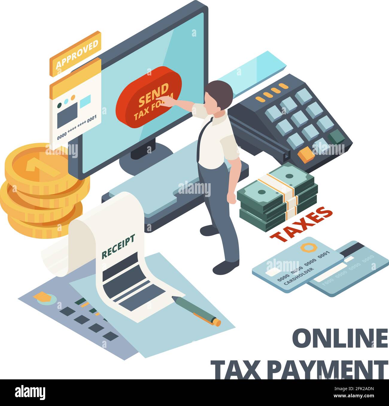 Online-Zahlungsrechnung. Steuerrechnungen Buchhaltung Dienstleistungen Vektor isometrisches Konzept Stock Vektor