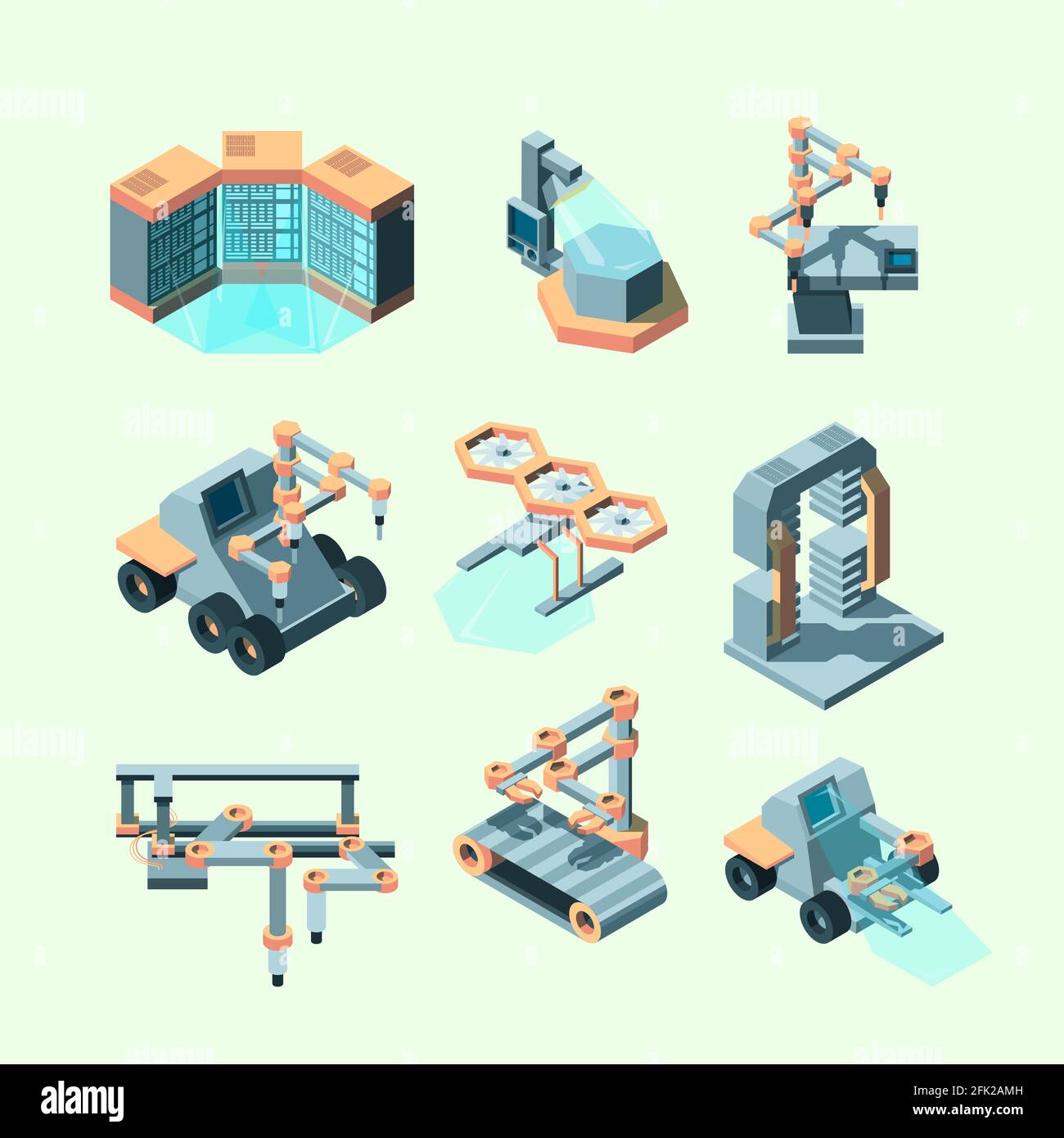 Branchenspezifische Isometrie. Intelligente Maschinen Roboter-Fernbedienung Produktionsprozesse elektronische Geräte Intelegence Werkzeuge Vektorbilder Stock Vektor
