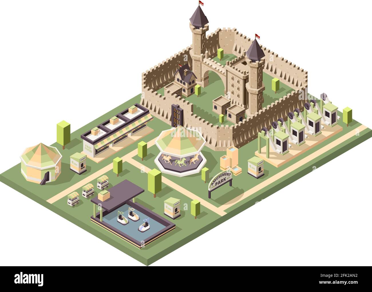 Vergnügungspark. Isometrische Attraktionen mit mittelalterlichem Schloss Zirkus Riesenrad und Achterbahn Vektor Spaß Landschaft Stock Vektor