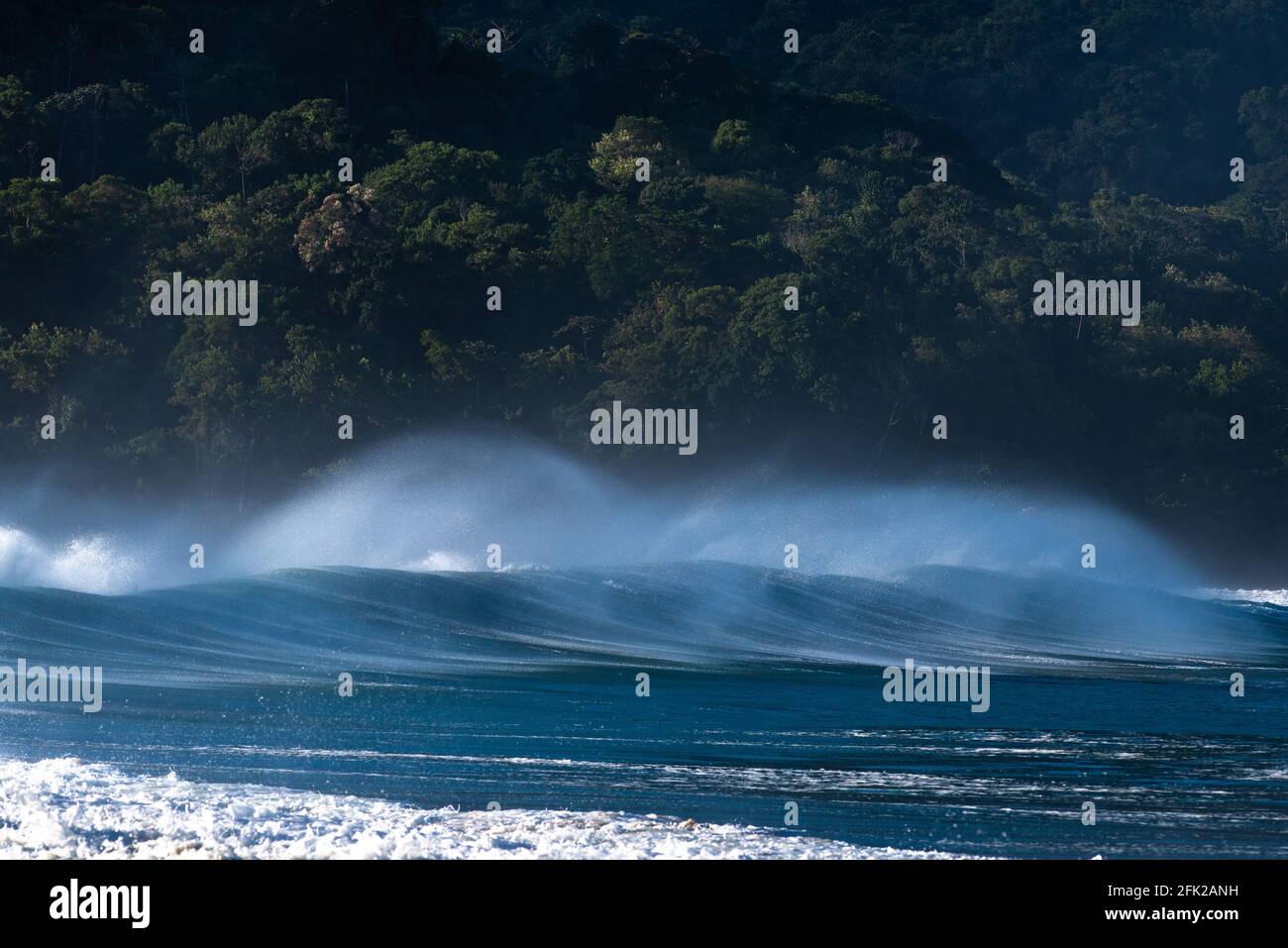 Brechende Welle von hinten gesehen am Castelhanos Beach, Ilhabela, Brasilien Stockfoto