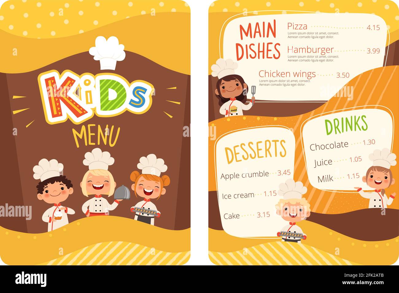 Kindermenü. Kinder Kochen Essen kleiner Koch Restaurant Essen Menü für  kleine glückliche Völker Vektor Cartoon Vorlage Stock-Vektorgrafik - Alamy