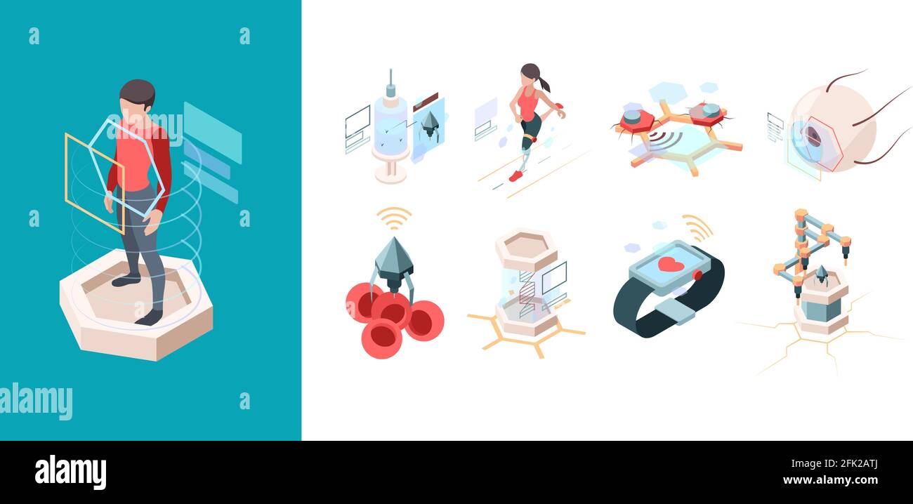 Moderne Medizin. Nanotechnologie zukünftige Systeme Nanorobots Bio-Organvektor isometrischen Satz Stock Vektor Moderne Medizin. Nanotechnologie zukünftige Systeme Nanorobots Bio-Organvektor isometrischen Satz Stock Vektor