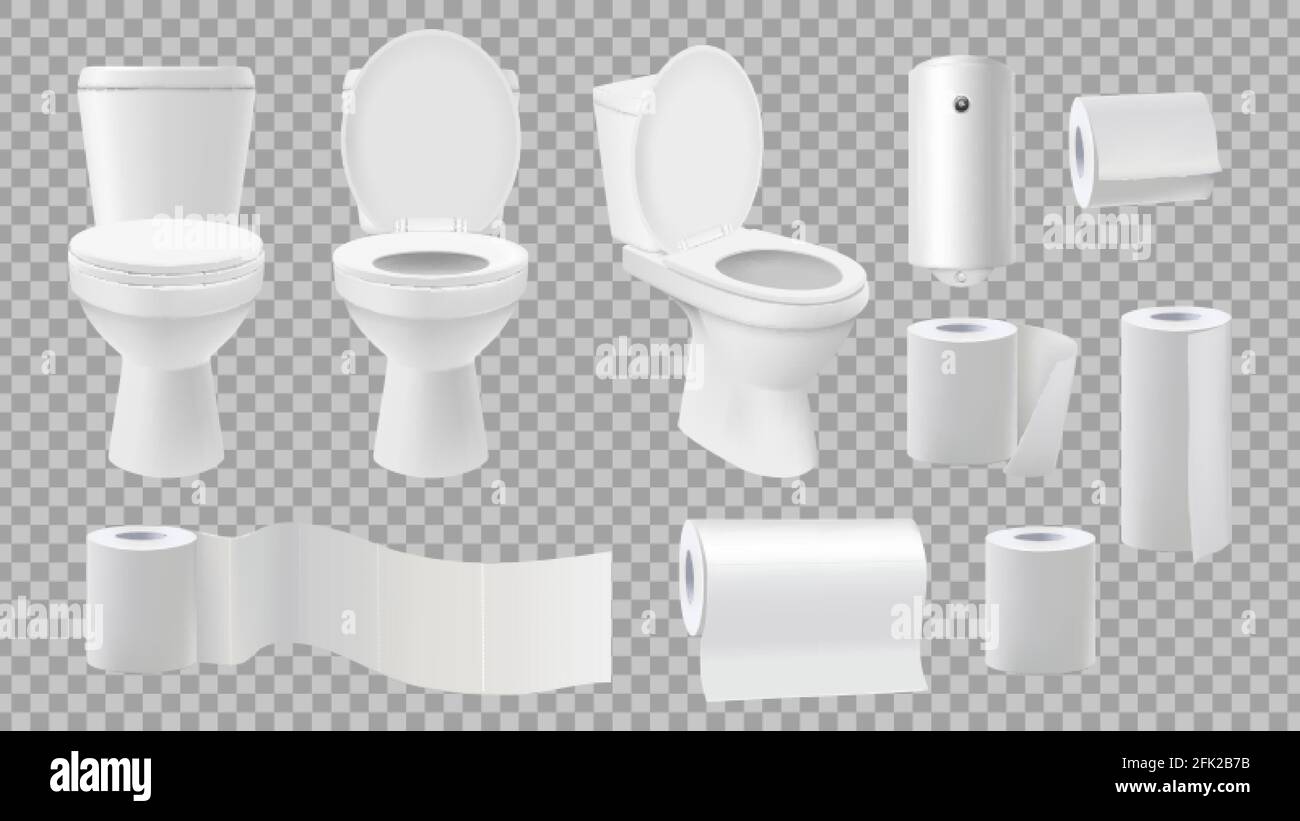 Realistische Toilettenschüssel. Toilettenzubehör auf transparentem Hintergrund isoliert. Papierrollen und Lufterfrischer Vektor-Set Stock Vektor