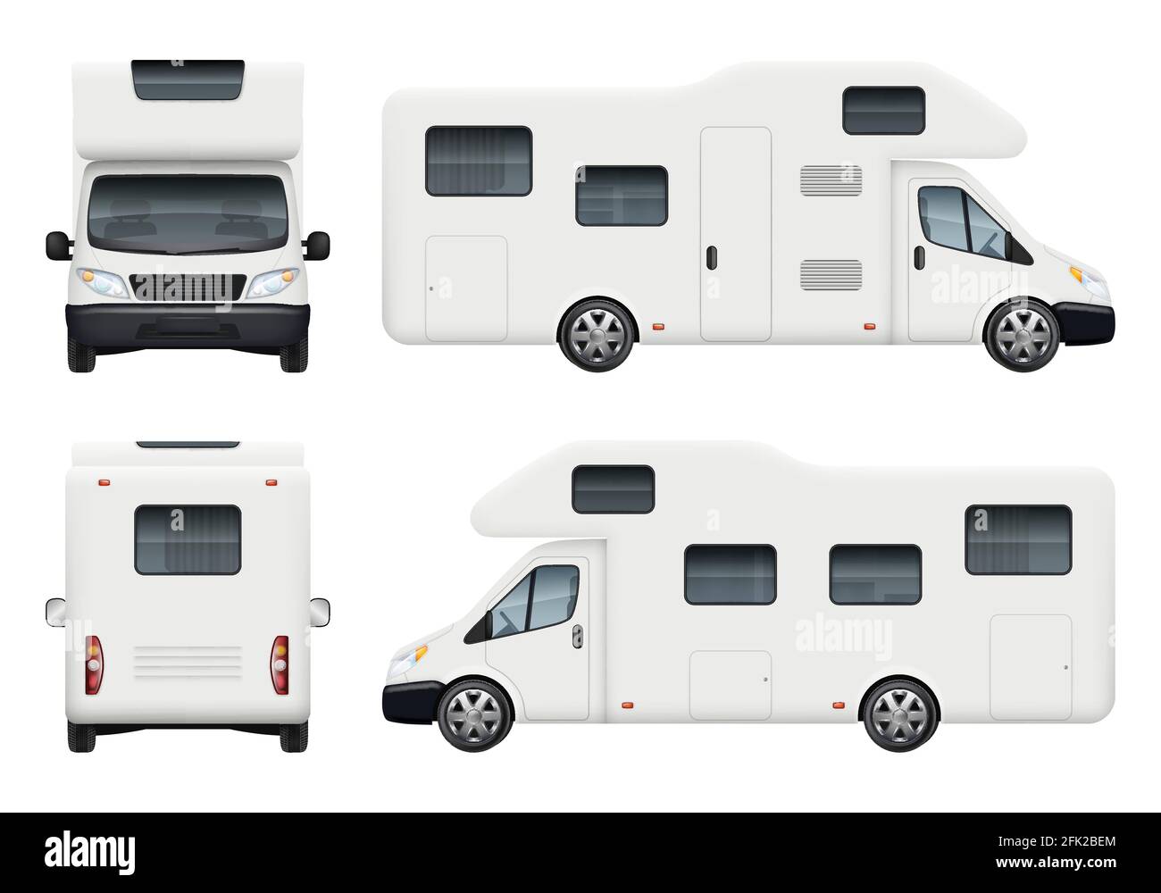 Wohnmobil. Realistische Familie Camping Anhänger für Reisen und haben einen Rest Auto hinten oben und vorne Seiten Ansicht Vektor-Set Stock Vektor