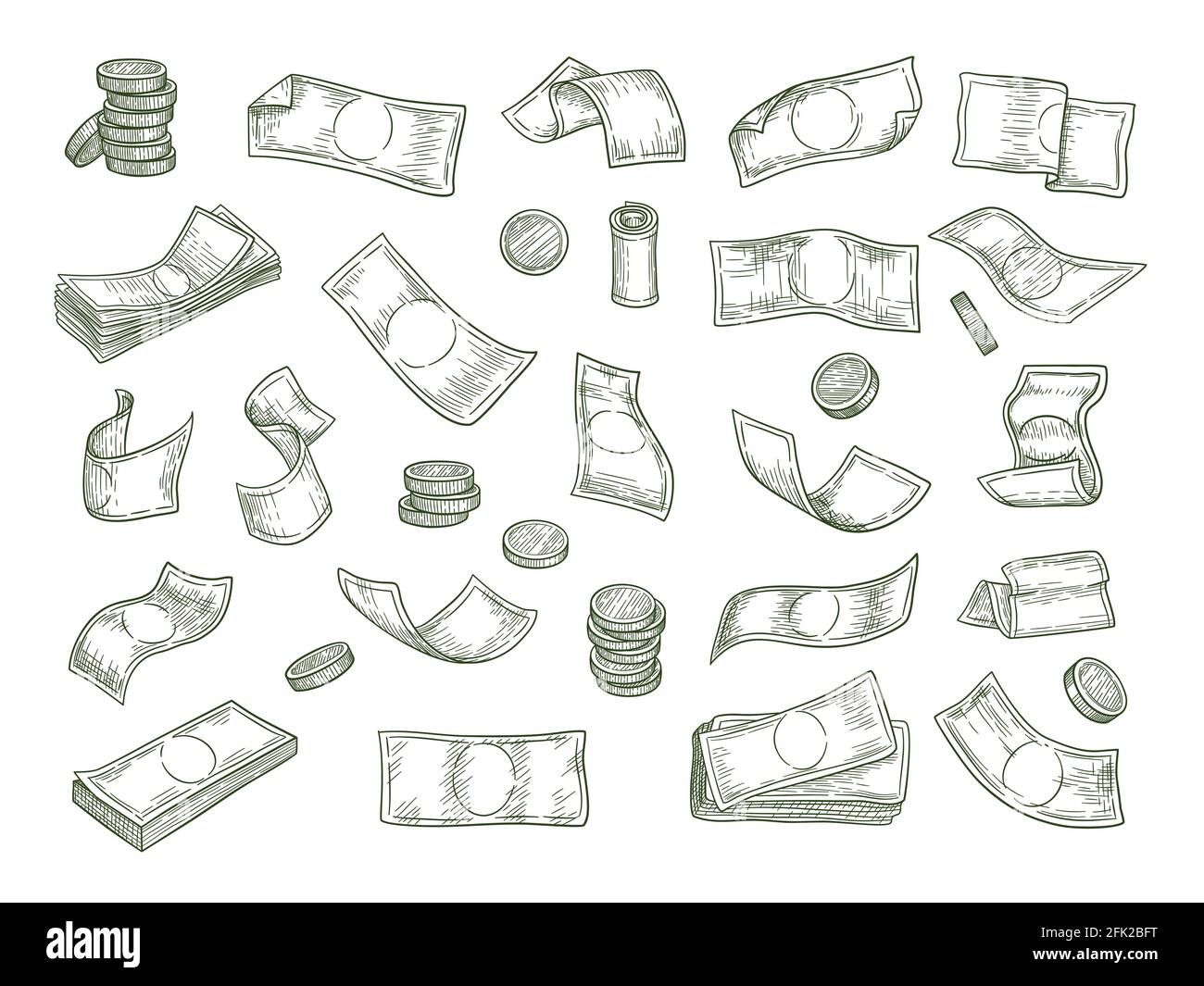 Finanzsymbole. Wirtschaft Investition Geld Münzen Kapital Vektor Hand gezeichnet Satz Stock Vektor