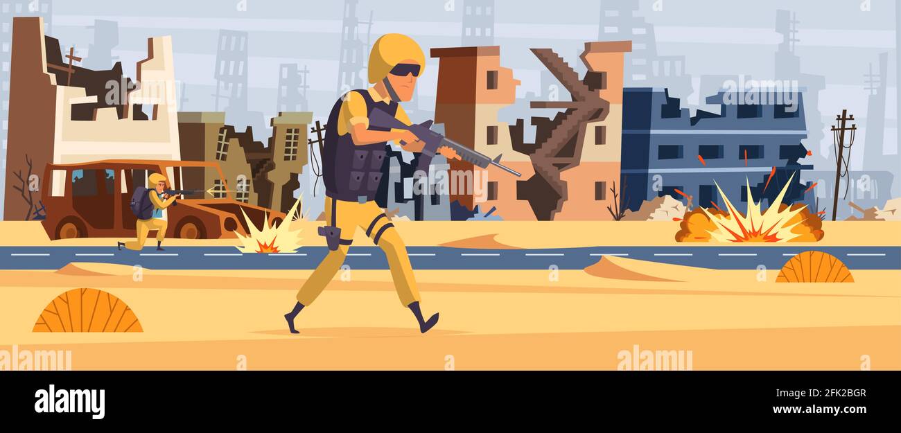 Soldat der Armee. Militärischer Hintergrund Mann mit Ammunition und Waffe Krieger Angriff Vektor Cartoon-Charakter Stock Vektor