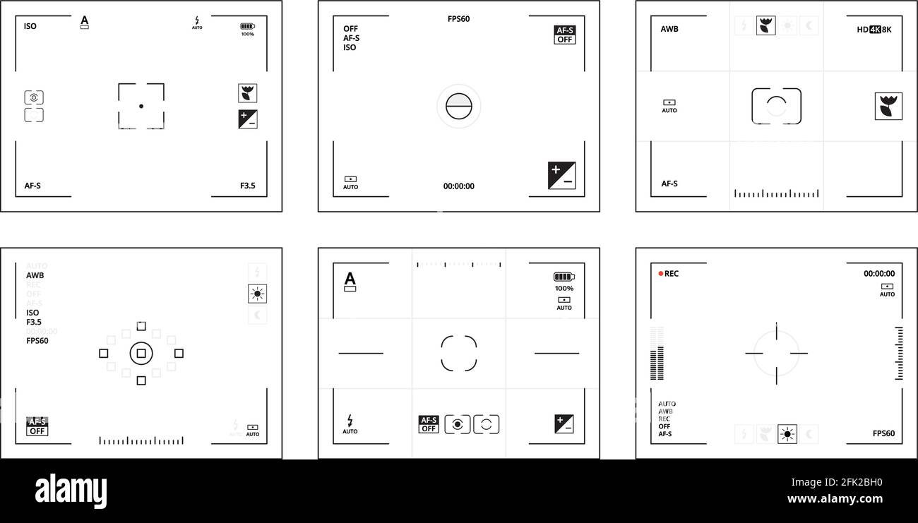 Sucher der Kamera. DSLR ui Interface Vorlage mit Piktogrammen Objektiv fokussierten Videos Vektor Sammlung Stock Vektor