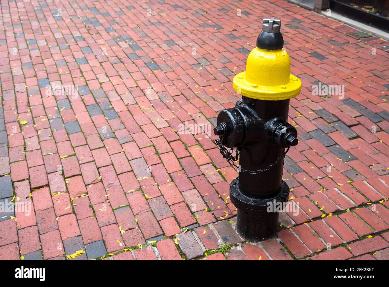 Schwarzer und gelber Hydrant auf einem roten Ziegelsteinsteig In einer Innenstadt Stockfoto