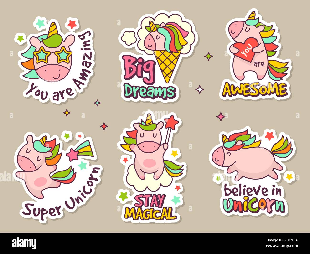 Einhorn-Abzeichen. Mode-Labels Set oder Aufkleber mit Märchenfiguren Vektor Retro-Objekte Set Stock Vektor