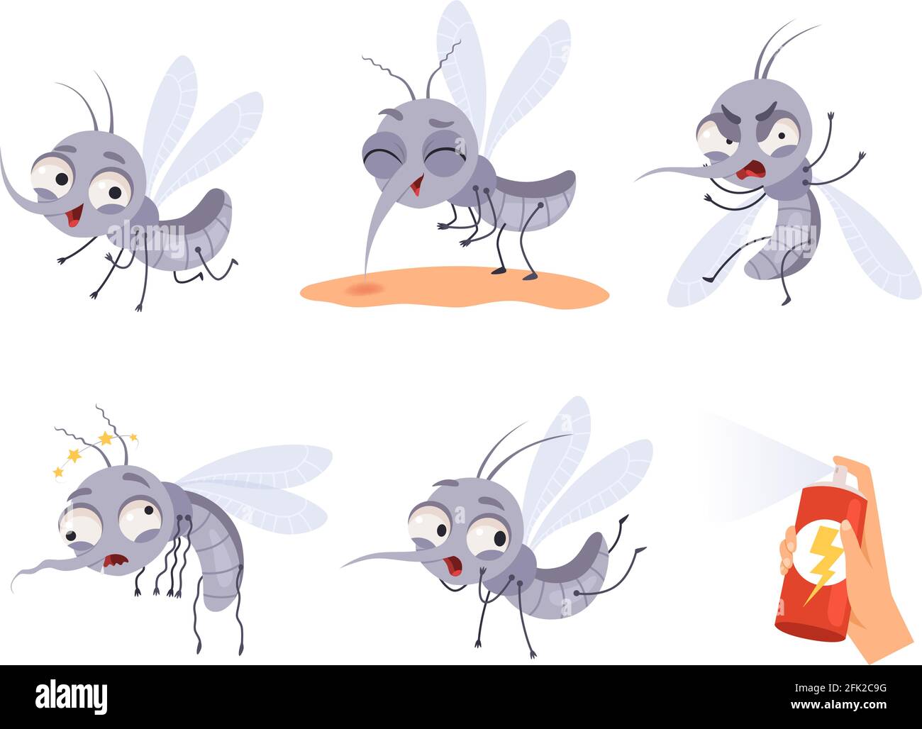 Mückenzeichentrick. Warnung fliegende Insekten gefährliche kleine Tiere Vektor-Illustrationen Stock Vektor