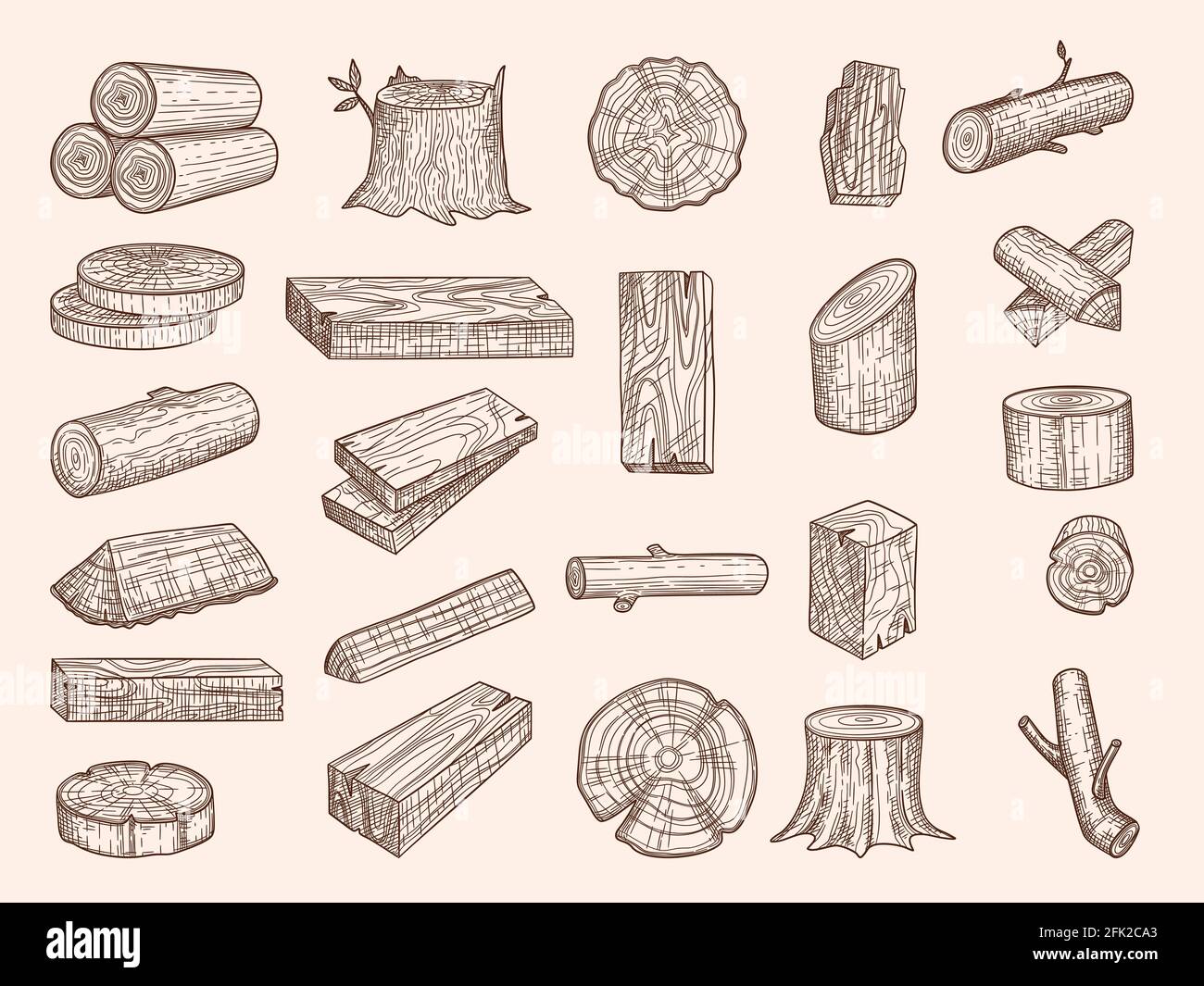 Holzstämme. Vintage gezeichnetes Holz gestapelt Eiche Holz alte Pflanzen Hacken Vektor Skizze gesetzt Stock Vektor