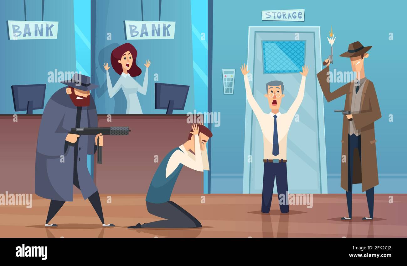 Raubbank. Masked Bandit Gangster Raub Geld Bargeld schlechte Sicherheit Service Vektor Cartoon Hintergrund Stock Vektor