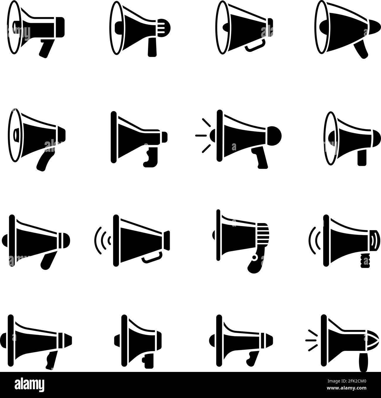 Symbole für laute Lautsprecher. Megaphon Silhouetten Ankündigung Vektor Symbole Sammlung Set Stock Vektor