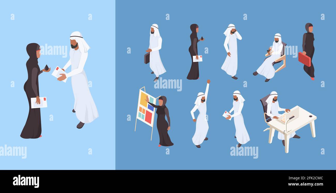 Arabisch isometrisch. Dubai Mann saudi Frau Geschäftsleute arabischer Unternehmer Charaktere Vektor-Illustrationen Stock Vektor