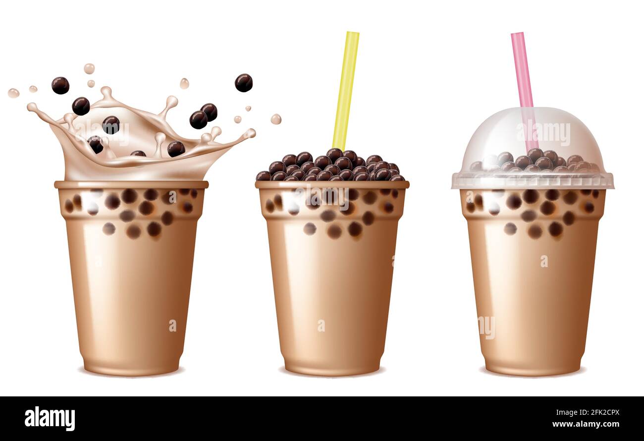 Bubble Tea Drink. Kalter Tee mit Milch köstliches Getränk Trinkerprodukte Tapioka spritzt flüssige Lebensmittel Vektor realistisch Stock Vektor