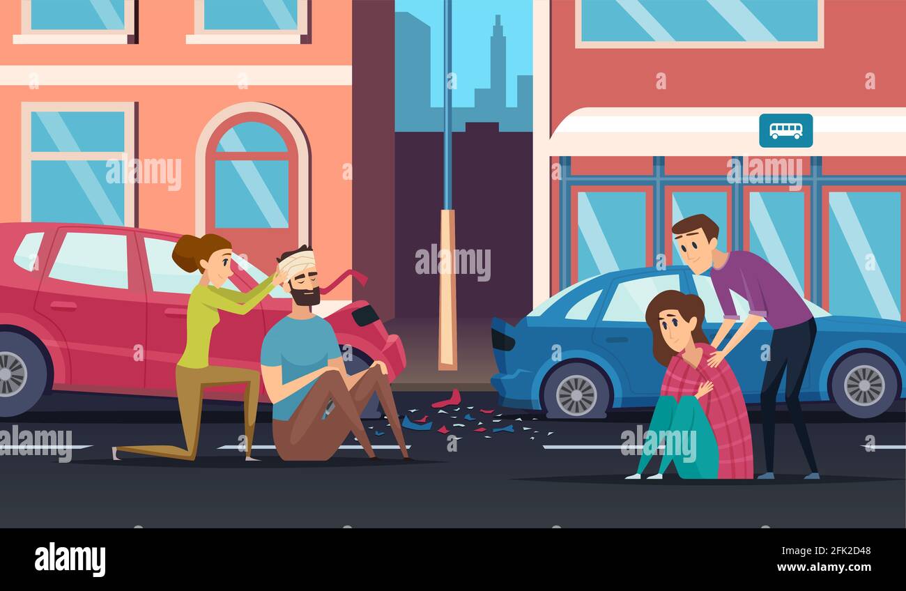 Erste Hilfe. Straßenunfall persönliche helfende Person, um Auto oder Fahrrad Fahrer Medizin Vektor Cartoon Hintergrund Stock Vektor