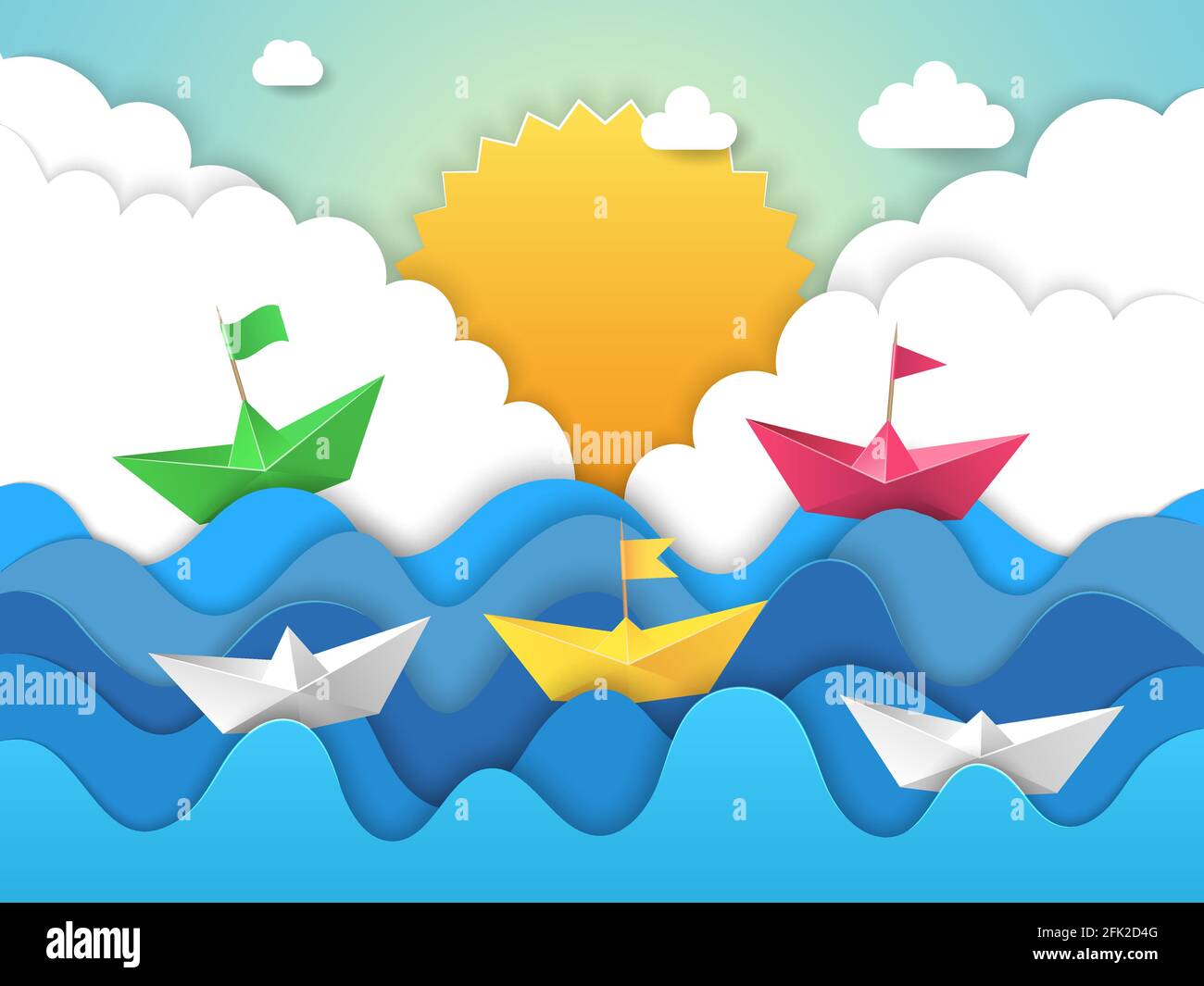 Papierboot. Origami Wasserwellen mit Schatten aus geschnittenem Papier Segelschiff Vektor abstrakt stilisierte Landschaft Stock Vektor