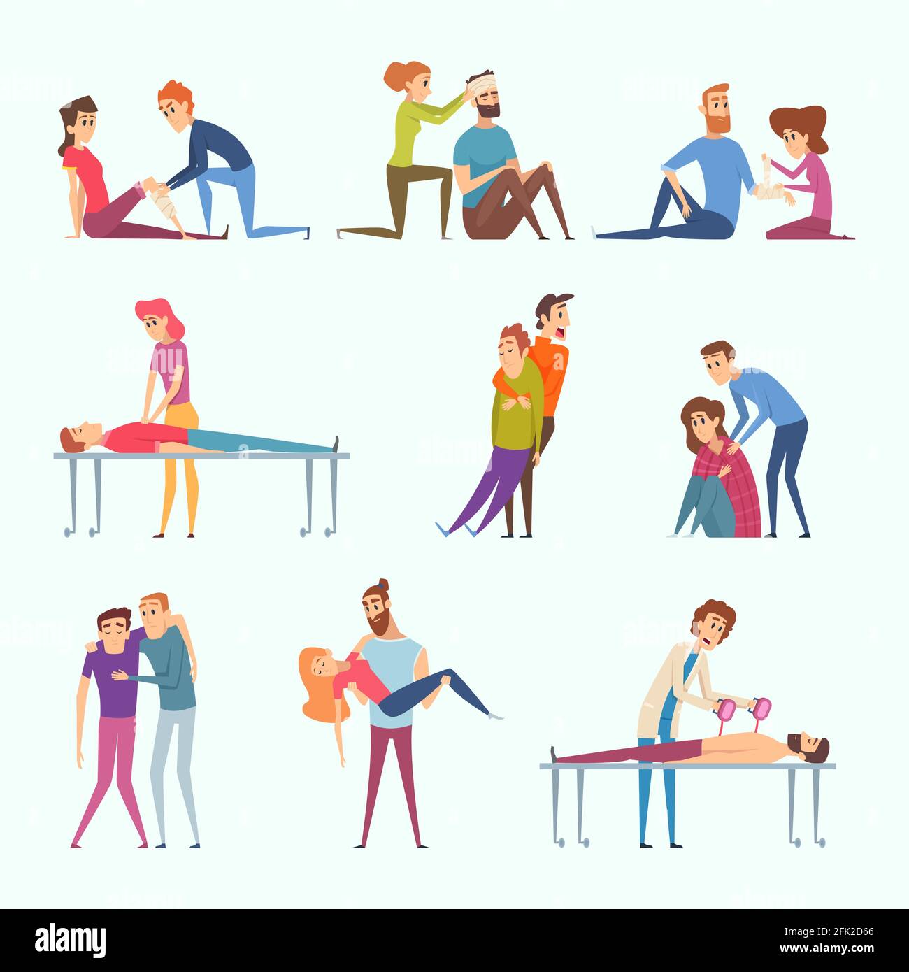 Erste Soforthilfe. Unfallstraßen helfen Verletzungen Opfer beschädigte Personen Vektor medizinische Illustrationen Stock Vektor