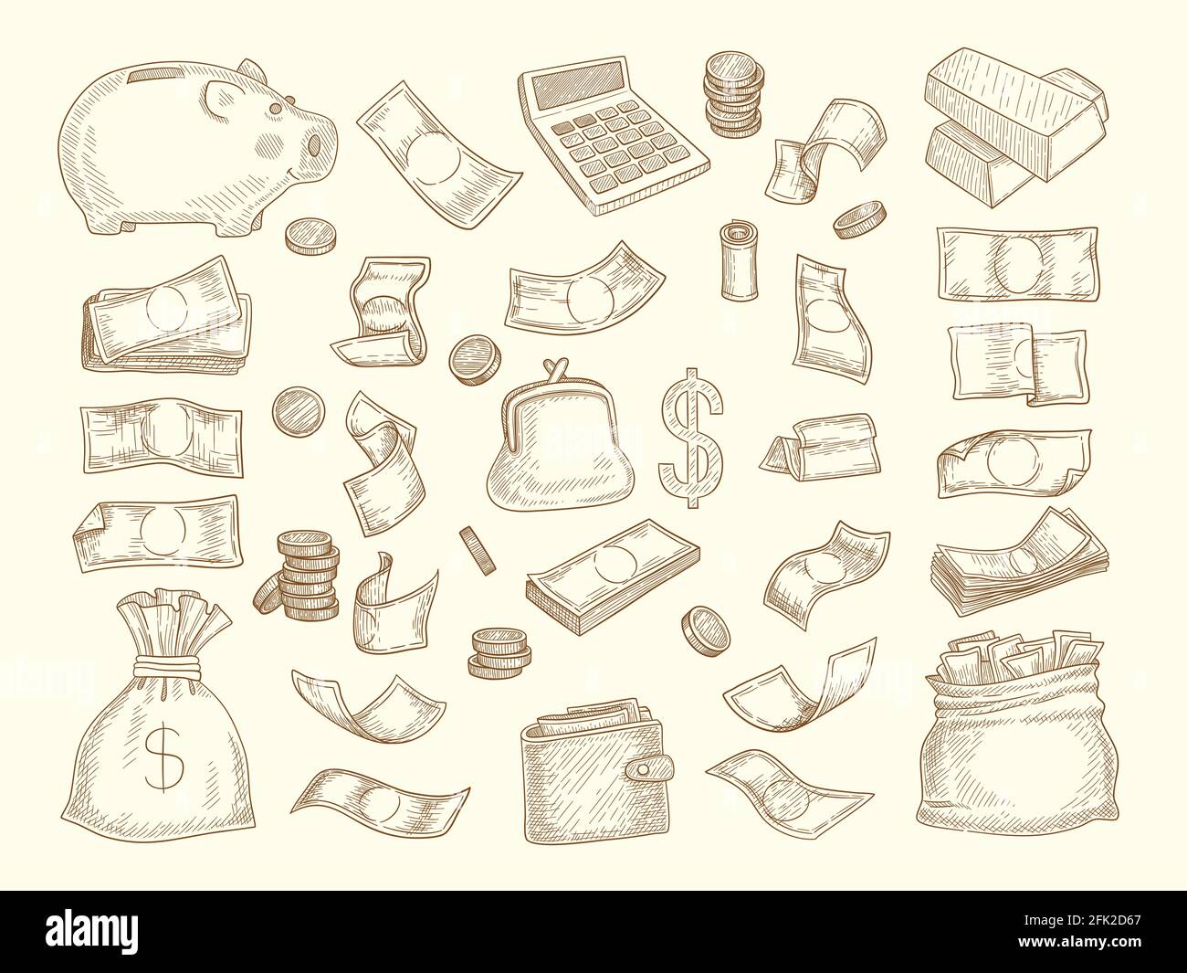 Finanzkritzel. Geld und Geschäftselemente Corporate Objects Münzen Dollar Charts Geldbox Vektor-Illustrationen Stock Vektor