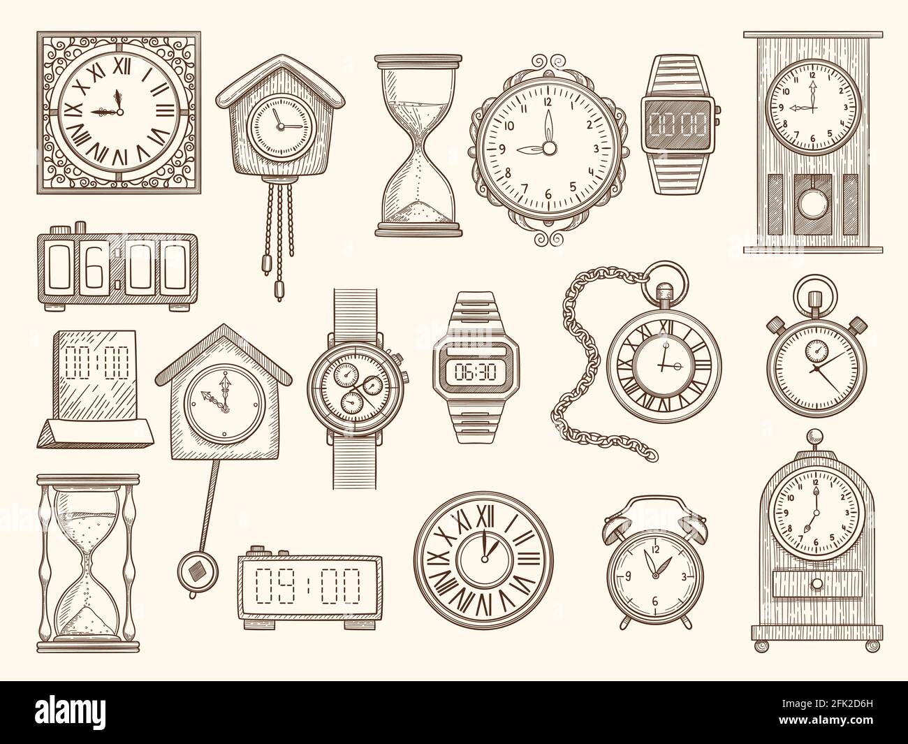 Uhrenset. Zeichnung Uhren Timer Alarme Vektor Bilder Sammlung Stock Vektor