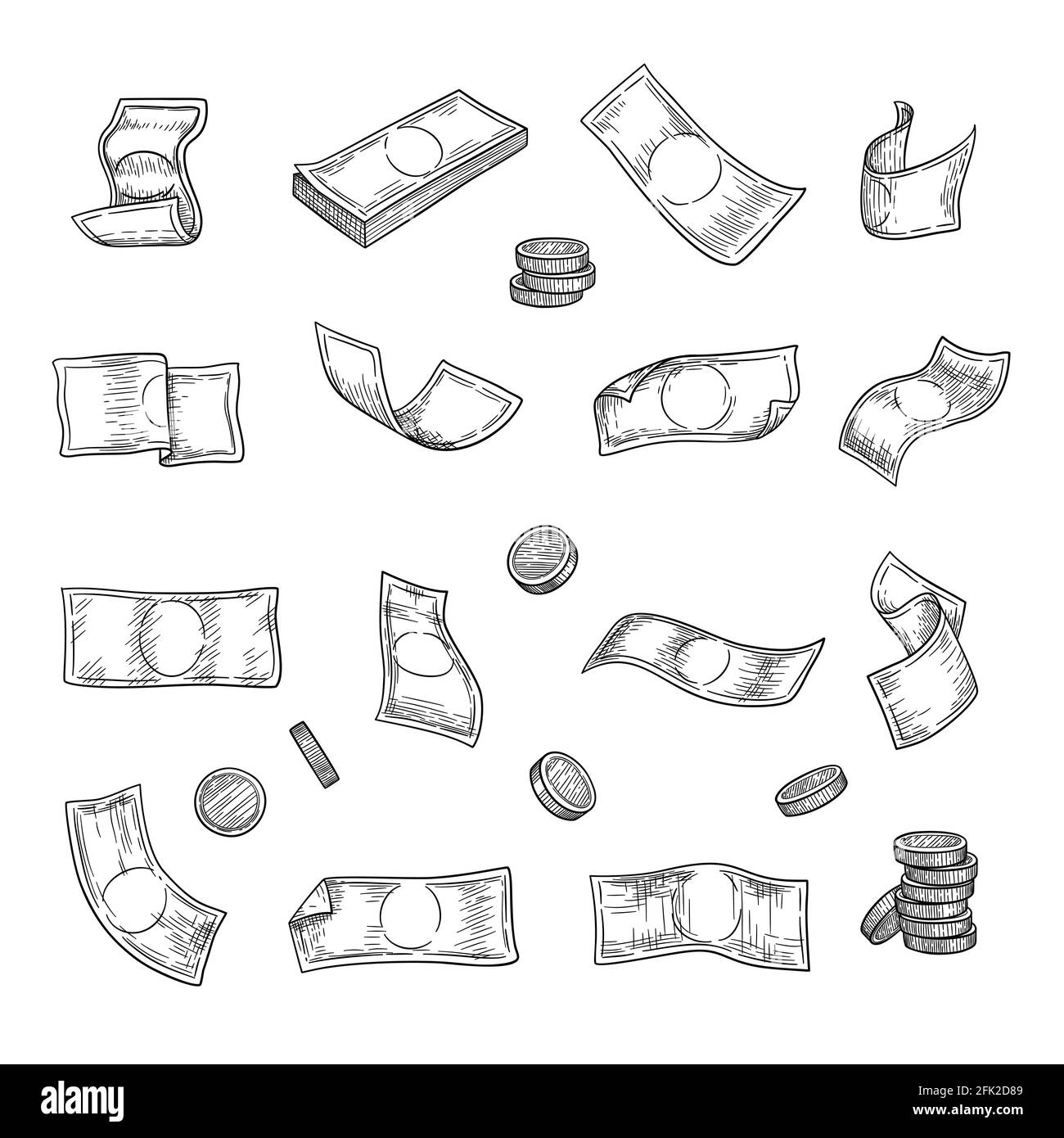Handgezogenes Geld. Argent Münzen finanzieren Kapital Gold Investition Symbole Vektor Sammlung Stock Vektor