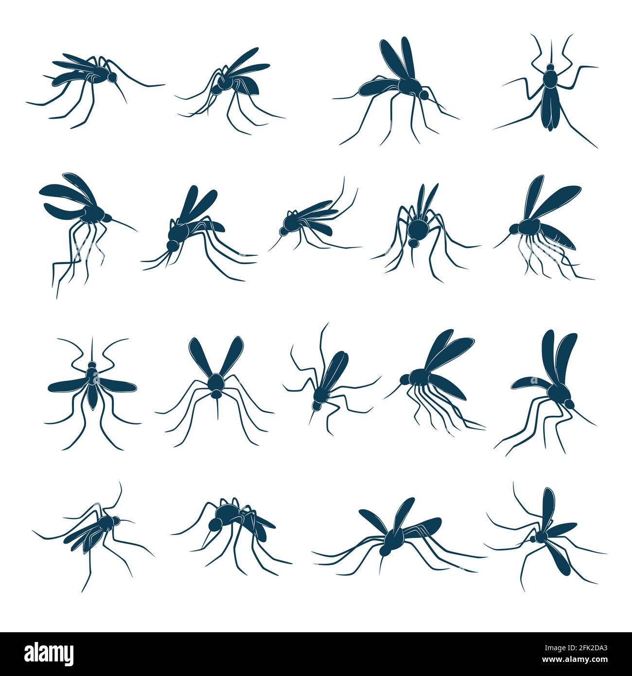 Fliegende Mücke. Kleine Blutsauger Insekten Träger von Viren Silhouetten Vektor gezeichnet gesetzt Stock Vektor