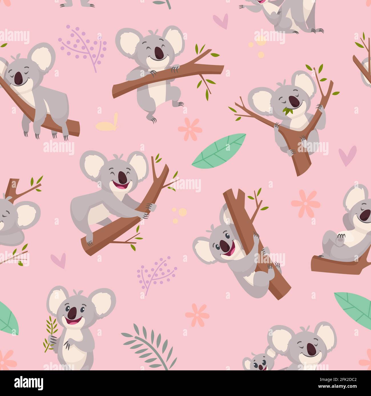 Koala-Muster. Australian wild niedlichen Tier Koala tragen Bilder für textile Design-Projekte Vektor nahtlose Cartoon Hintergrund Stock Vektor