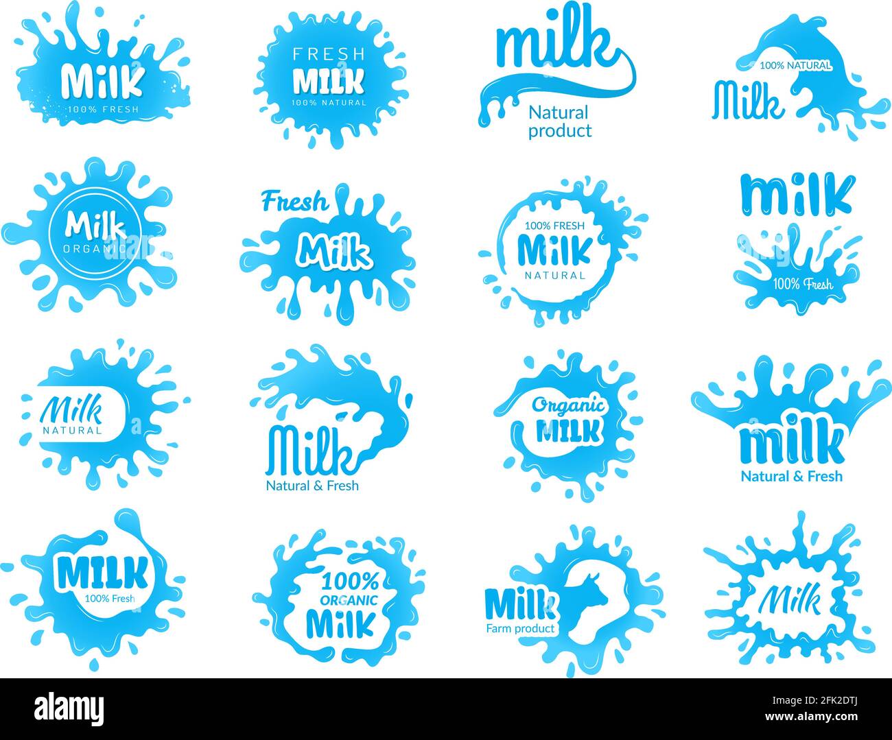 Logo für Milchprodukte. Milchjoghurt und Lecho Farm Abzeichen Design mit fließenden flüssigen Milchprodukten mit Spritzer Vektor-Set Stock Vektor