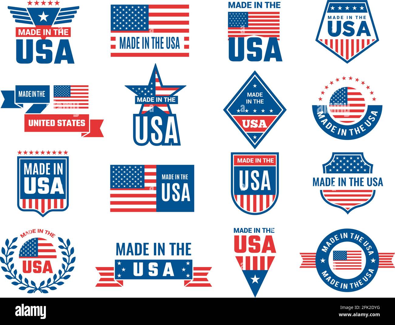 Made in usa Logo. Etikett für patriotische amerikanische Flagge und spezielle Symbole für Vektor-usa-Briefmarken Stock Vektor