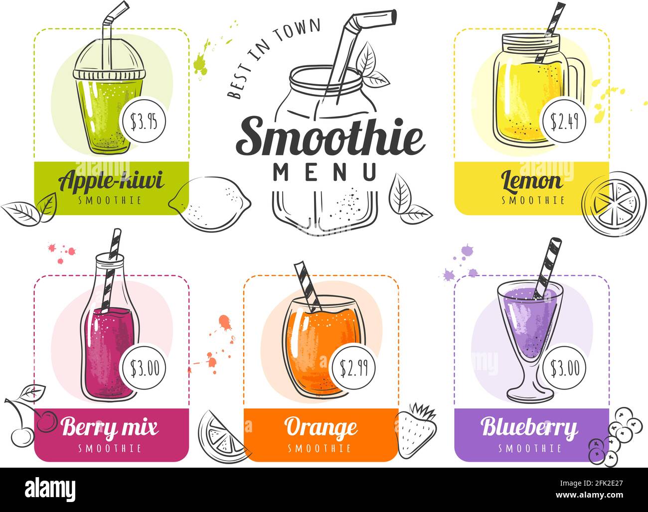 Smoothie-Menü. Sommer-Cocktails Listen für Restaurant oder Kaffee Getränke Menü Früchte Flüssigkeit Lebensmittel Vektor-Vorlage Stock Vektor