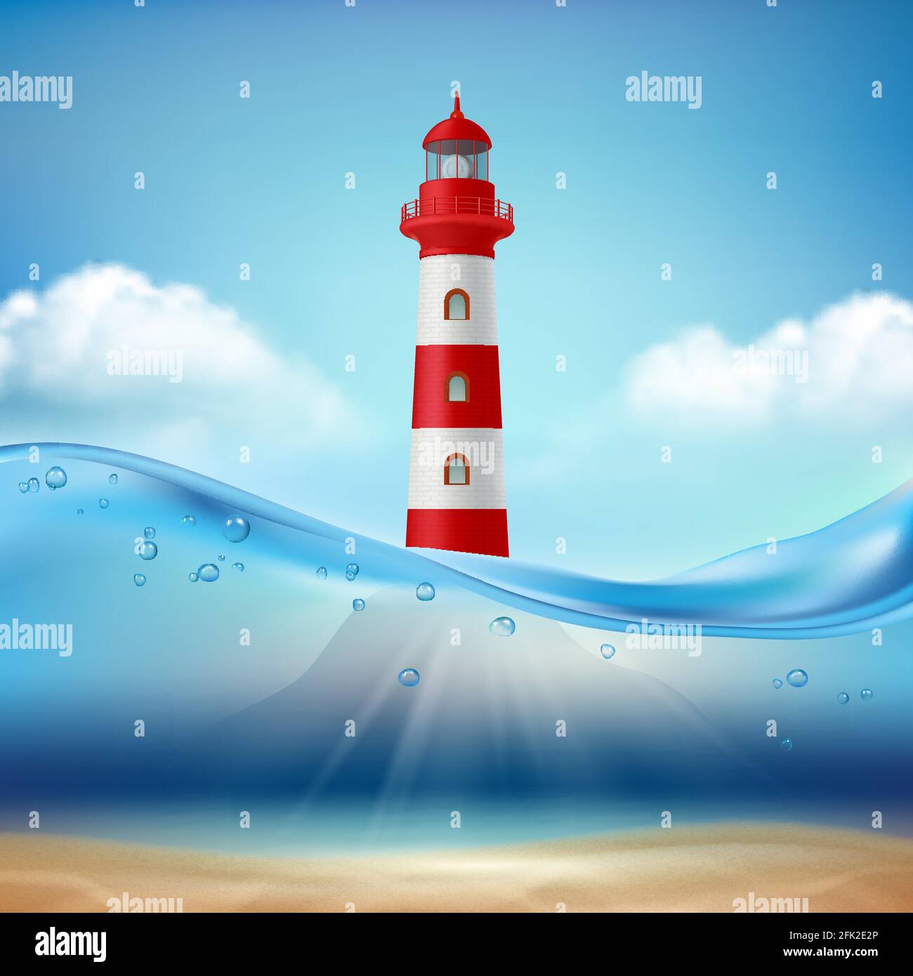 Leuchtturm. Marine oder Ozean Hintergrund Wasserwelle und Lichtstrahl Lampe für sichere Schifffahrt Vektor realistische Meereslandschaft Stock Vektor