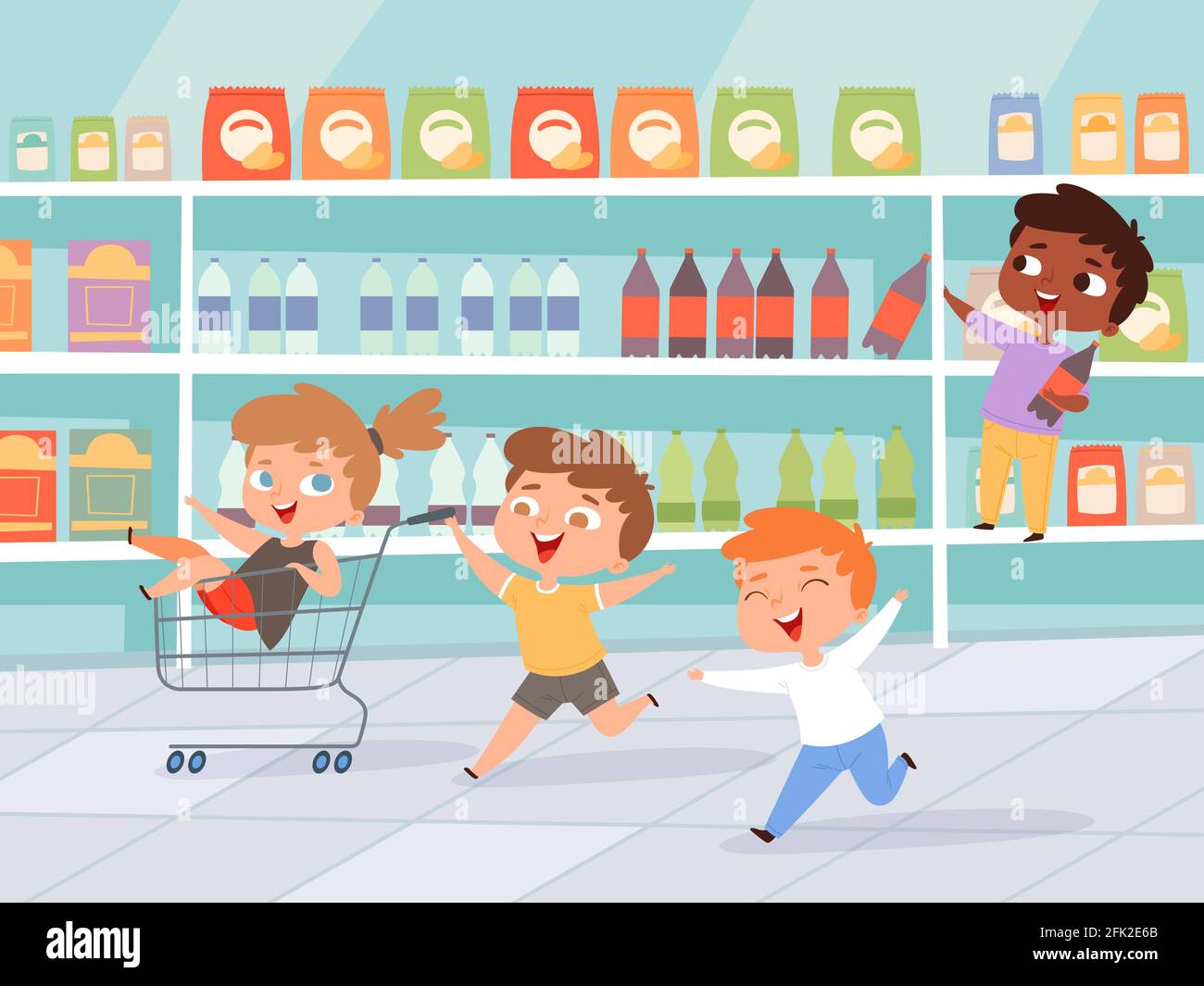 Kinder beim Einkaufen. Mutter mit Kindern kaufen Produkt aktive Zeichen Vektor Hintergrund Stock Vektor