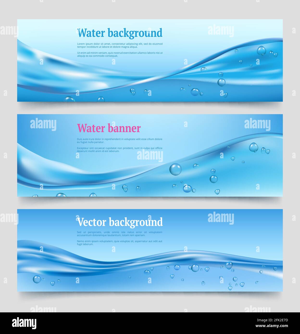 Wasser spritzt Banner. Flüssiges fließendes Wasser mit Blasen Wasserreiniger Vektor sauber Öko-Konzept Stock Vektor